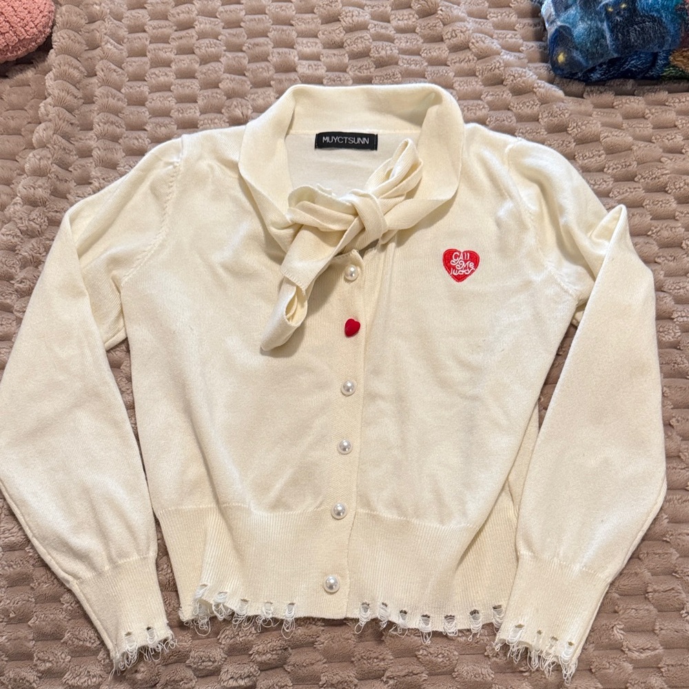 Cream Bow-Neck Cardigan with Heart Patch